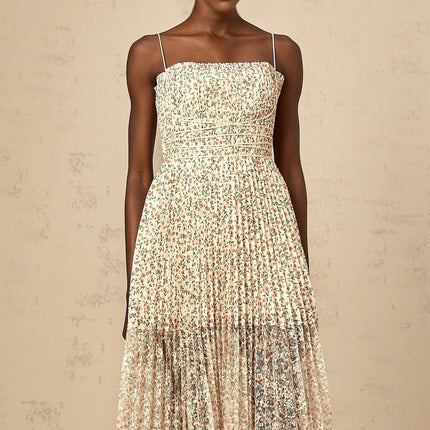 Allison White Floral Midi Dress square neck pleated detailing spaghetti straps midi length all-over floral print rear zip fastening Terylene fiber modern femininity heels sandals versatile timeless wardrobe