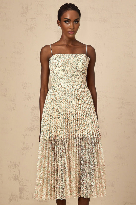 Allison White Floral Midi Dress square neck pleated detailing spaghetti straps midi length all-over floral print rear zip fastening Terylene fiber modern femininity heels sandals versatile timeless wardrobe