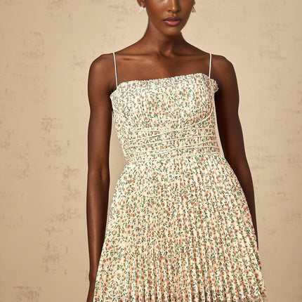 Allison White Floral Midi Dress Square Neck Pleated Spaghetti Straps Terylene Fiber Rear Zip Fastening