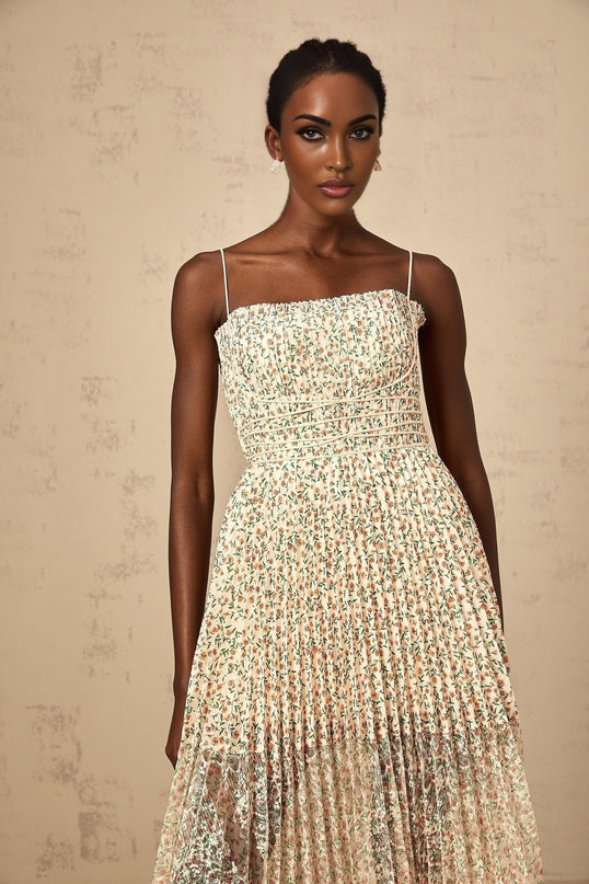 Allison White Floral Midi Dress Square Neck Pleated Spaghetti Straps Terylene Fiber Rear Zip Fastening