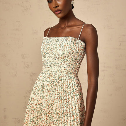 Allison White Floral Midi Dress Square Neck Spaghetti Straps Pleated Detailing Terylene Fiber Rear Zip Fastening