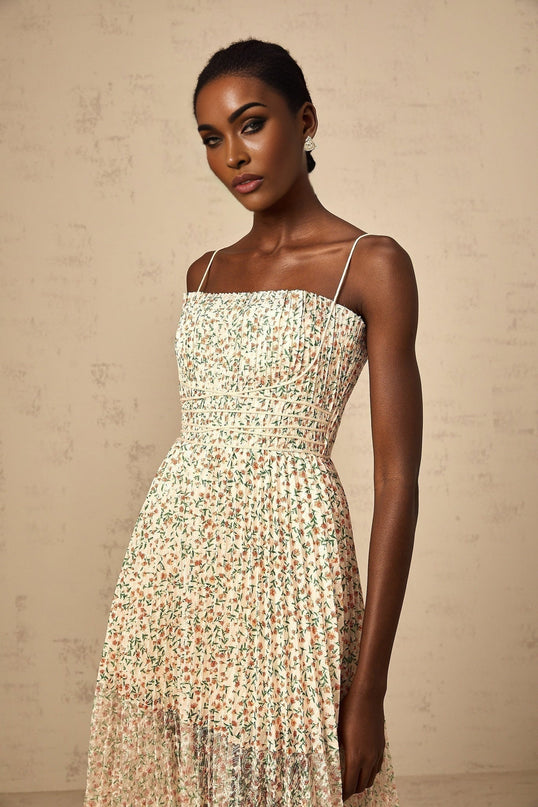 Allison White Floral Midi Dress Square Neck Spaghetti Straps Pleated Detailing Terylene Fiber Rear Zip Fastening