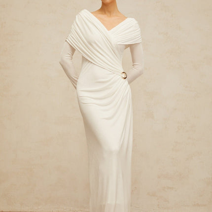 Allison White Maxi Dress with Ruched Detailing and Buckle Accent in Stretch Jersey Fabric