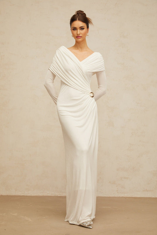 Allison White Maxi Dress with Ruched Detailing and Buckle Accent in Stretch Jersey Fabric