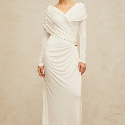 Allison White Maxi Dress with Ruched Detailing and Buckle Accents in Stretch Jersey Fabric