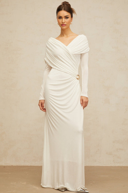 Allison White Maxi Dress with Ruched Detailing and Buckle Accents in Stretch Jersey Fabric