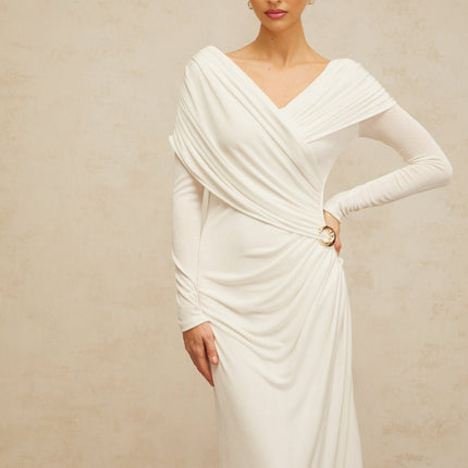 Allison White Maxi Dress with Ruched Detailing and Buckle Accent in Luxurious Stretch Jersey Fabric