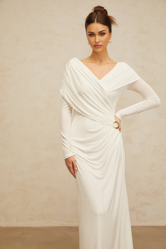 Allison White Maxi Dress with Ruched Detailing and Buckle Accent in Luxurious Stretch Jersey Fabric