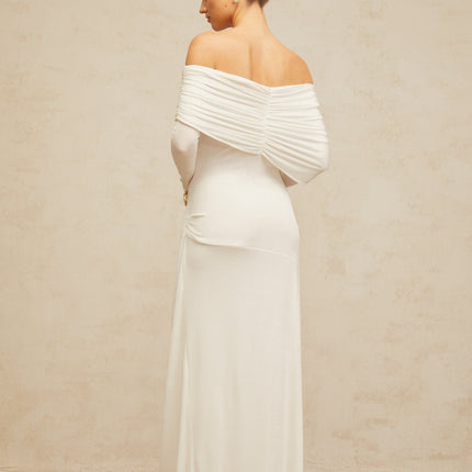 Allison White Maxi Dress with Ruched Detailing and Buckle Decoration in Stretch Jersey Fabric