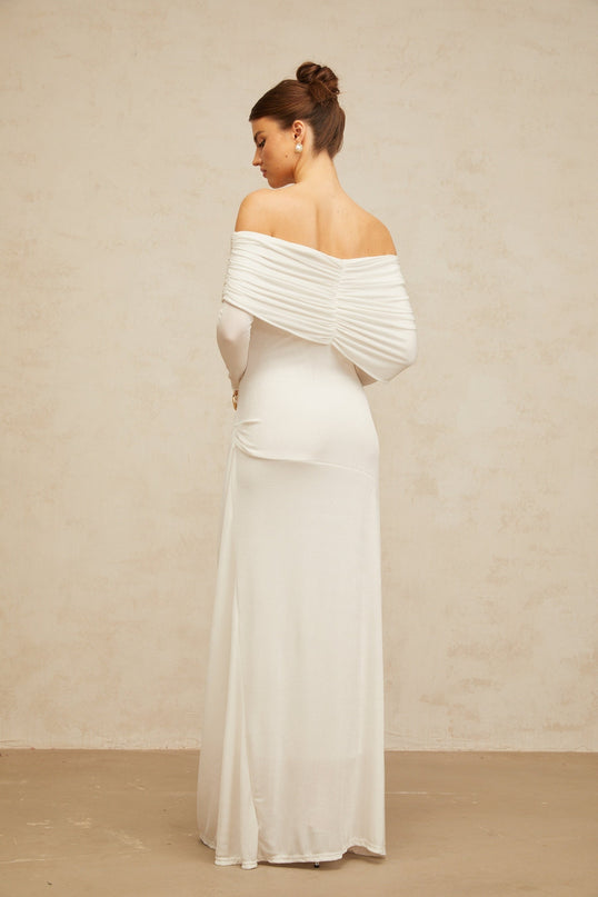 Allison White Maxi Dress with Ruched Detailing and Buckle Decoration in Stretch Jersey Fabric