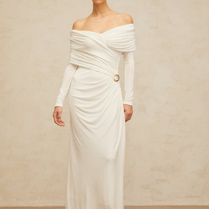 Allison White Maxi Dress with Ruched Detailing and Buckle Accent