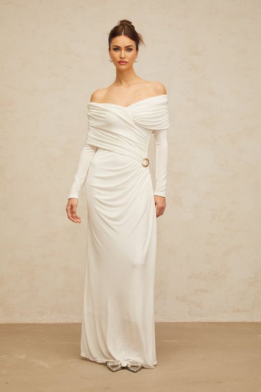 Allison White Maxi Dress with Ruched Detailing and Buckle Accent