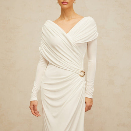 Allison White Maxi Dress with Ruched Detailing and Buckle Decoration