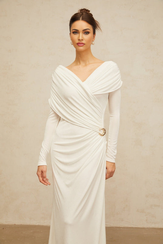 Allison White Maxi Dress with Ruched Detailing and Buckle Decoration