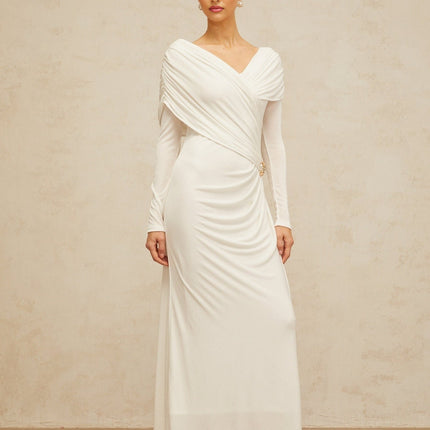 Allison White Maxi Dress with Ruched Detailing and Buckle Decoration