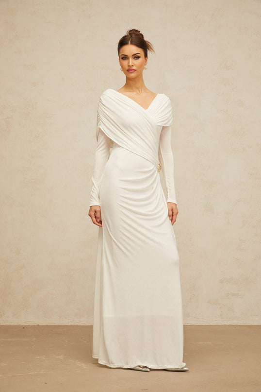 Allison White Maxi Dress with Ruched Detailing and Buckle Decoration