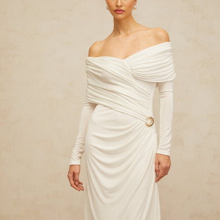 Allison White Maxi Dress with ruched detailing and decorative buckle