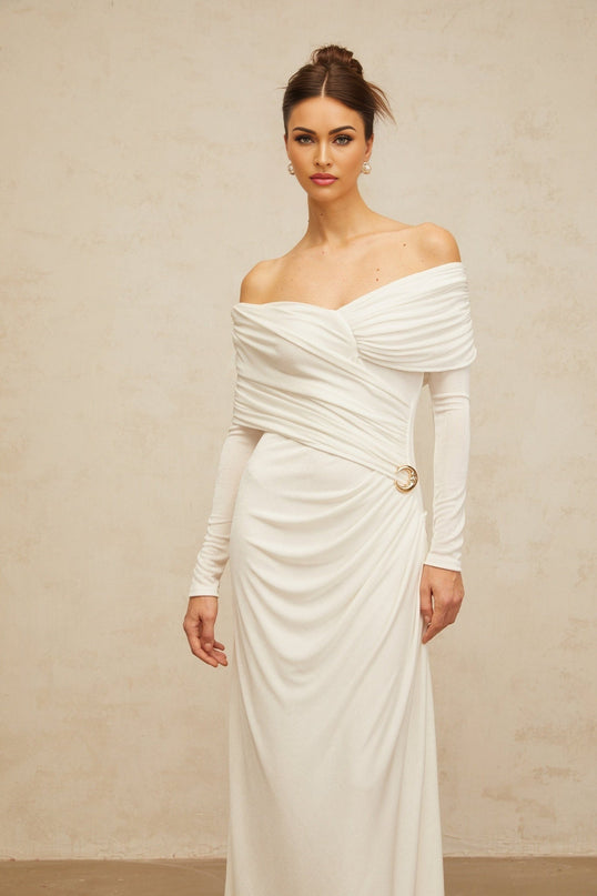 Allison White Maxi Dress with ruched detailing and decorative buckle