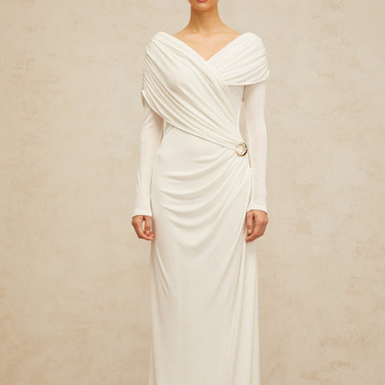 Allison White Maxi Dress with Ruched Detailing and Buckle Decoration