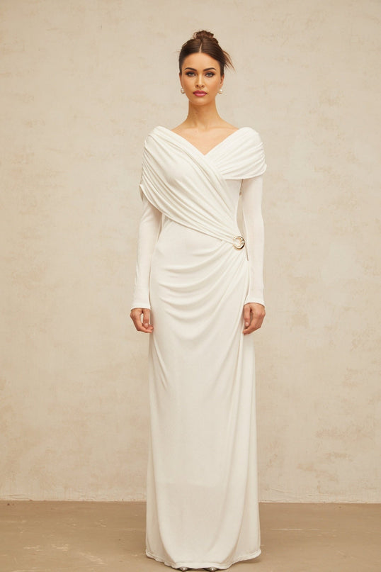 Allison White Maxi Dress with Ruched Detailing and Buckle Decoration