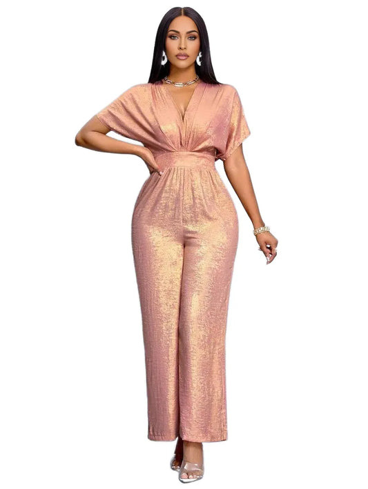 Allover Glossy Glitter Fabric Elegant And Casual For Commuting Batwing Sleeved Belted Jumpsuit
