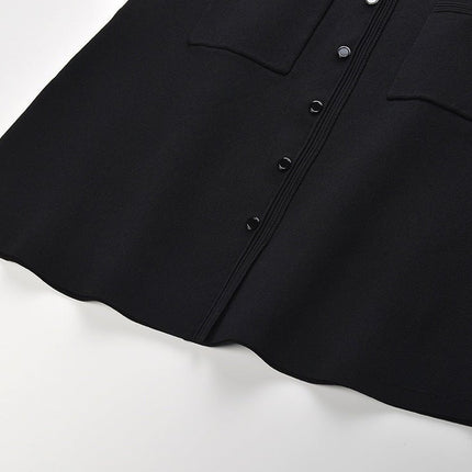Alma Black Cropped Top and Flared Skirt with Pearl Collar and Button Closure