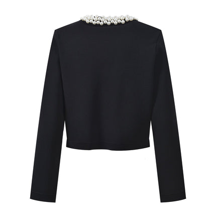 Alma Black Cropped Top and Flared Skirt with Pearl Collar