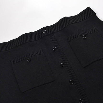 Alma Black Cropped Top and Flared Skirt with Pearl Collar for Fall or Spring Wear