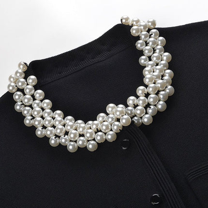 Alma Black Cropped Top Flared Skirt Pearl Collar Button Closure Dress