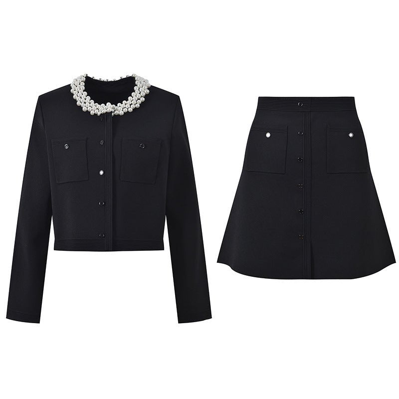 Alma Black Flared Skirt and Cropped Top with Pearl Collar