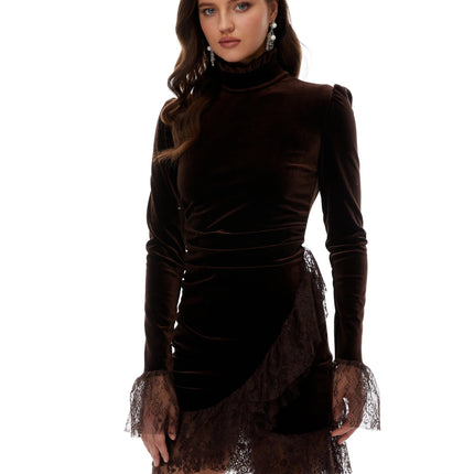 Alma Brown High Neck Asymmetrical Mini Dress