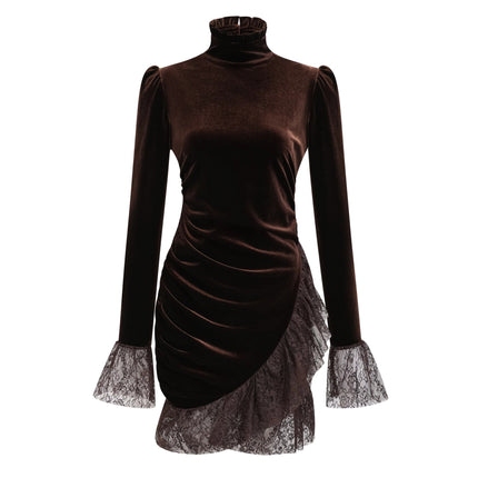 Alma Brown High Neck Asymmetrical Mini Dress
