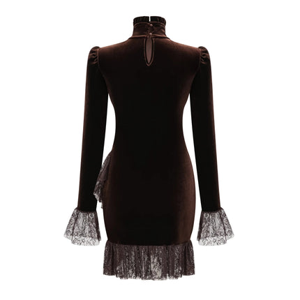 Alma Brown High Neck Asymmetrical Mini Dress