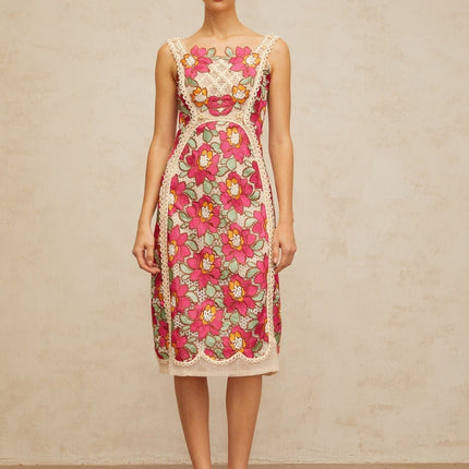 Alma Pink Floral Embroidered Faux-Pearl Midi Dress
