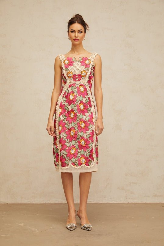 Alma Pink Floral Embroidered Faux-Pearl Midi Dress