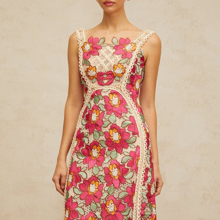 Alma Pink Floral Embroidered Midi Dress with Faux-Pearl Embellishments