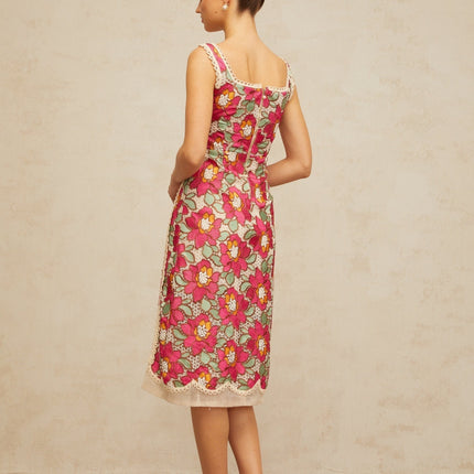 Alma Pink Floral Embroidered Midi Dress with Faux-Pearl Embellishments