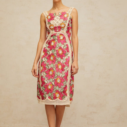 Alma Pink Floral Embroidered Midi Dress Faux-Pearl Detailing Square Neck Sleeveless Wide Straps Cut-Out Waistline Braid Detailing Rear Zip Fastening Cotton Terylene Elastane Blend