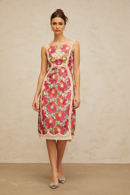Alma Pink Floral Embroidered Midi Dress Faux-Pearl Detailing Square Neck Sleeveless Wide Straps Cut-Out Waistline Braid Detailing Rear Zip Fastening Cotton Terylene Elastane Blend