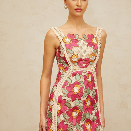 Alma Pink Floral Embroidered Midi Dress with Faux-Pearl Embellishments