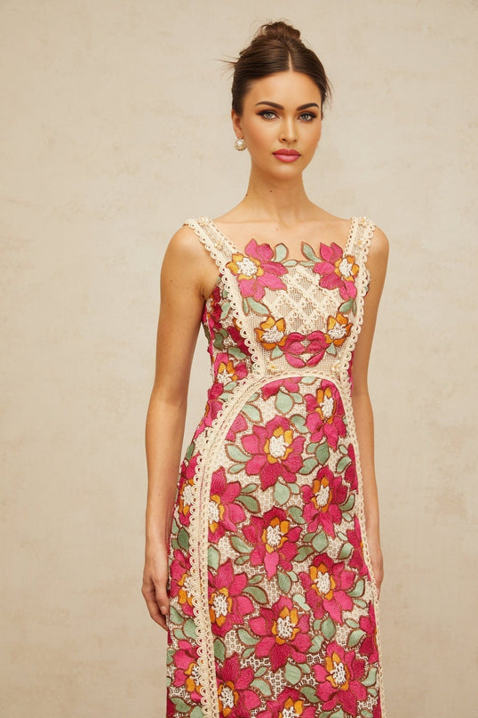 Alma Pink Floral Embroidered Midi Dress with Faux-Pearl Embellishments
