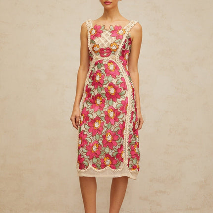 Alma Pink Floral Embroidered Midi Dress with Faux-Pearl Embellishments