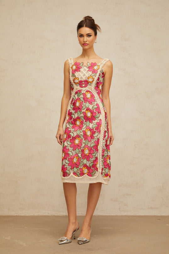 Alma Pink Floral Embroidered Midi Dress with Faux-Pearl Embellishments