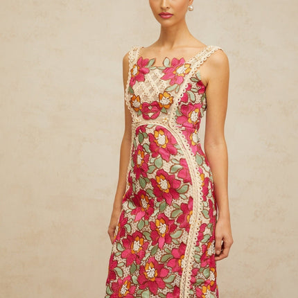 Alma Pink Floral Embroidered Midi Dress with Faux-Pearl Embellishments