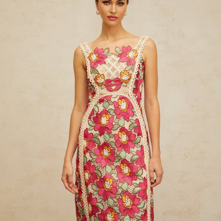 Alma Rose Pink Embroidered Floral Midi Dress with Faux-Pearl Embellishments