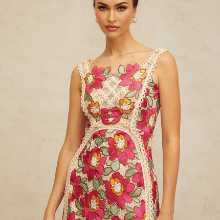 Alma Rose Pink Floral Embroidered Midi Dress with Faux-Pearl Embellishments