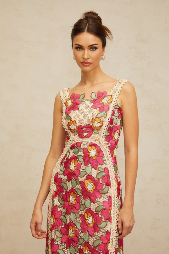 Alma Rose Pink Floral Embroidered Midi Dress with Faux-Pearl Embellishments