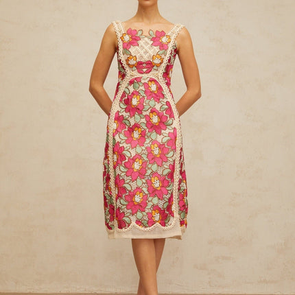 Alma Rose Pink Floral Embroidered Midi Dress with Faux-Pearl Embellishments