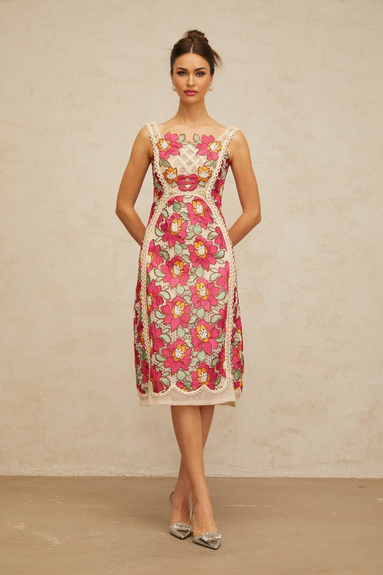 Alma Rose Pink Floral Embroidered Midi Dress with Faux-Pearl Embellishments