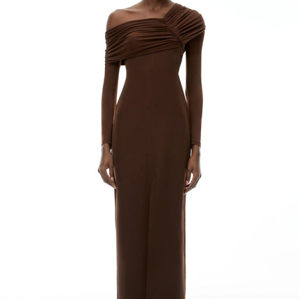 Almudena Chocolate Brown One Shoulder Maxi Dress